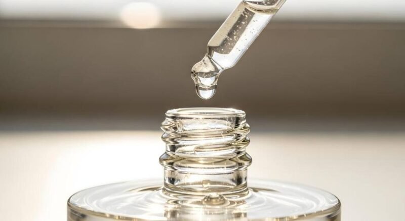 Gota transparente de sérum com PDRN caindo sobre a pele, ilustrando a textura e pureza do ativo de DNA de Salmão.