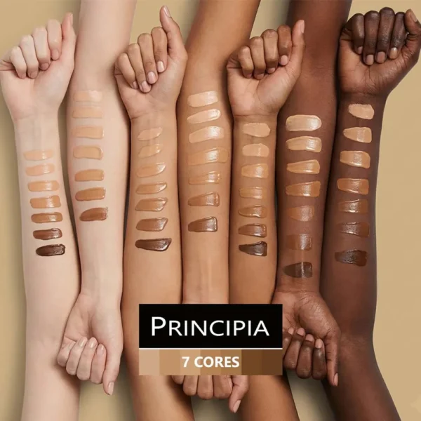 Mostruário das 7 cores do Protetor Solar Principia em diferentes tons de pele.