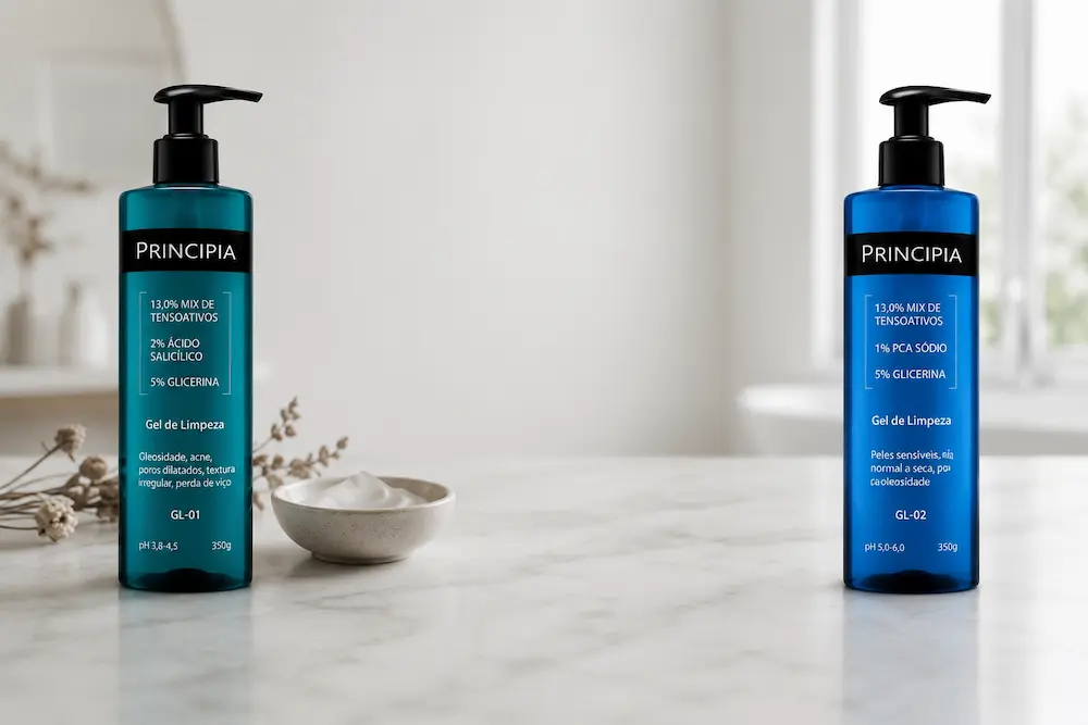 Comparação entre os géis de limpeza GL-01 e GL-02 da Principia para diferentes tipos de pele.