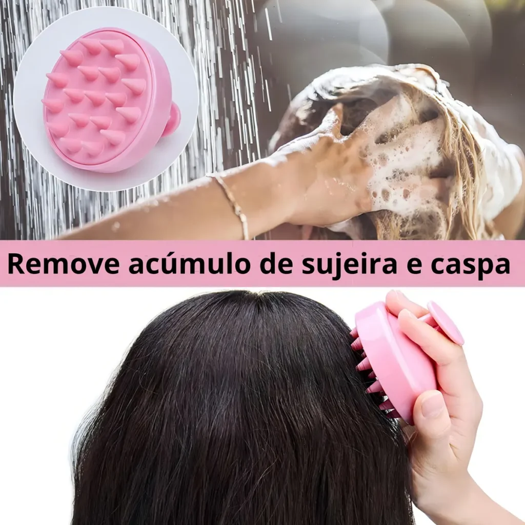 Mulher usando escova massageadora rosa no couro cabeludo durante o banho e no cabelo seco, demonstrando tendência de scalp care 2026.