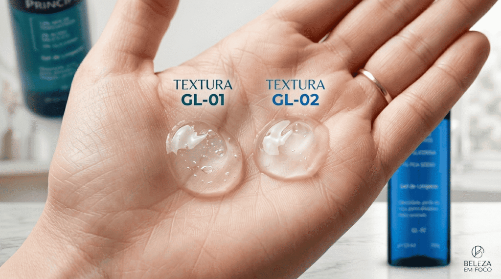Comparativo da textura em gel transparente do Principia GL-01 (foco em oleosidade) e GL-02 (foco em hidratação) lado a lado na pele.
