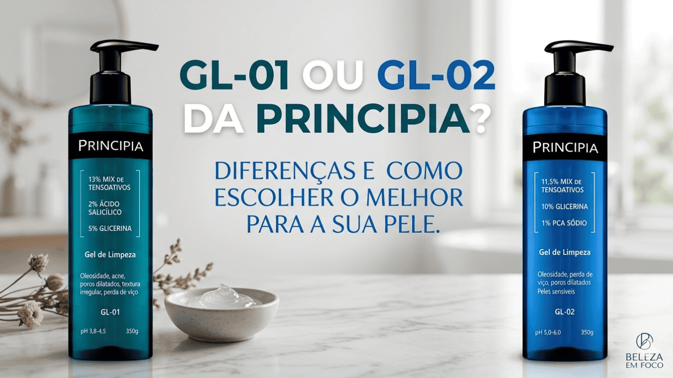 Destaque comparativo dos géis de limpeza da Principia, GL-01 (preto) e GL-02 (azul) lado a lado em fundo limpo.