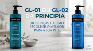 Destaque comparativo dos géis de limpeza da Principia, GL-01 (preto) e GL-02 (azul) lado a lado em fundo limpo.