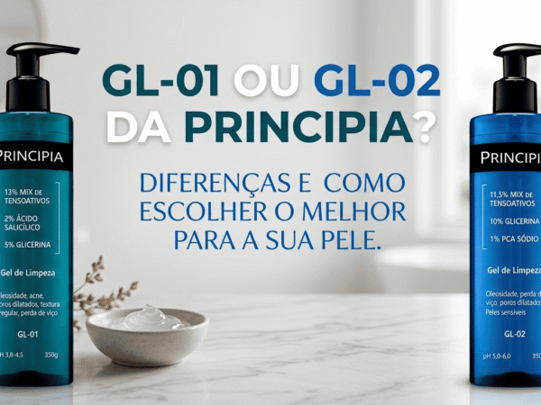 Destaque comparativo dos géis de limpeza da Principia, GL-01 (preto) e GL-02 (azul) lado a lado em fundo limpo.