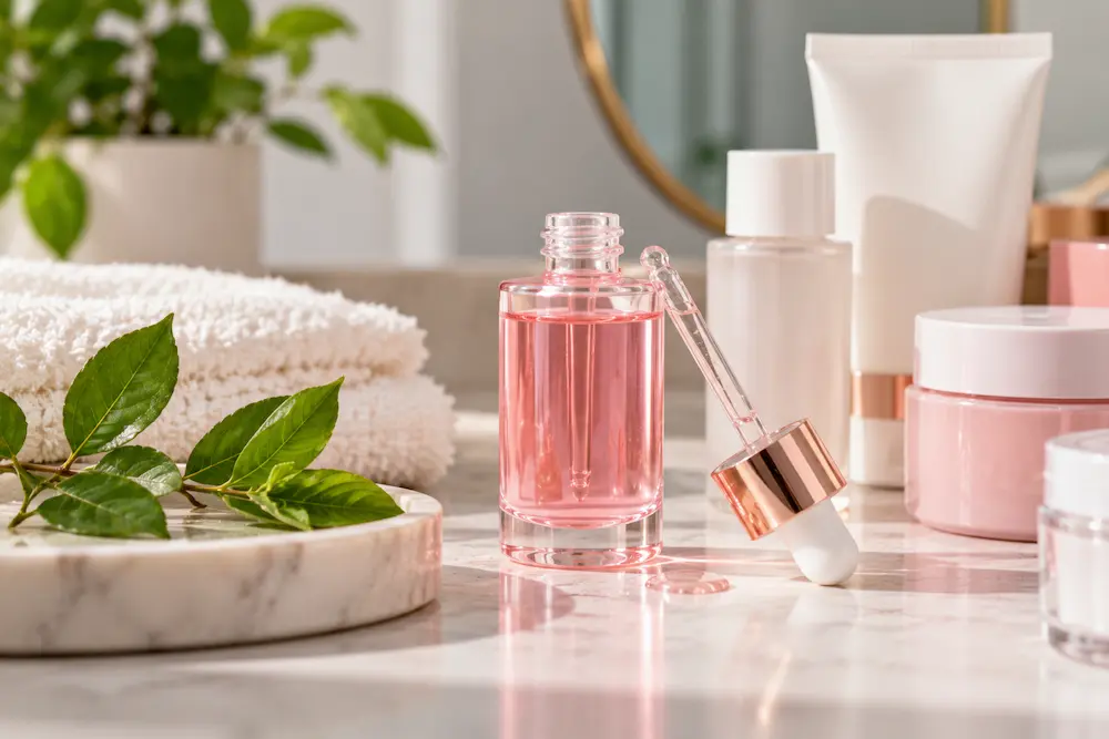 Sérum com PDRN entre produtos de skincare para cuidados com a pele