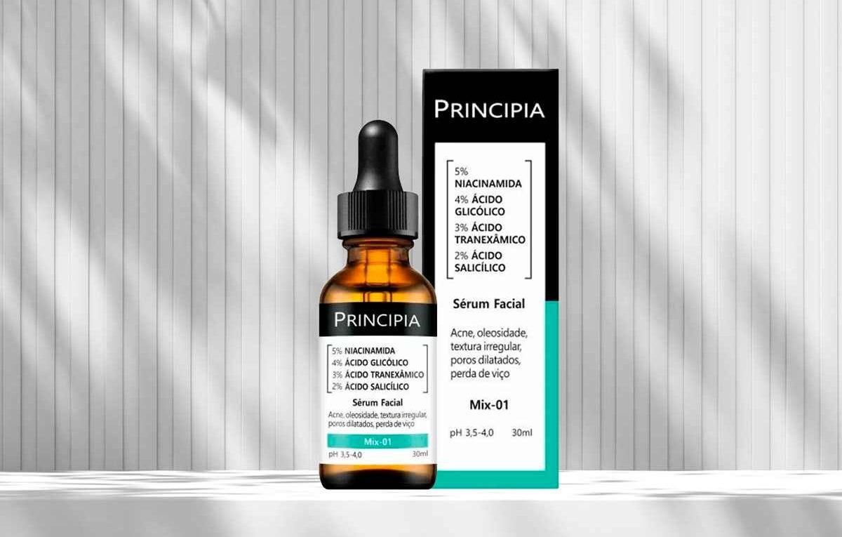Banner de destaque do Sérum Mix-01 da Principia em uma bancada clean, destacando a embalagem e os ativos da fórmula.