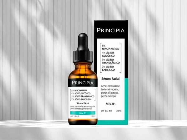 Banner de destaque do Sérum Mix-01 da Principia em uma bancada clean, destacando a embalagem e os ativos da fórmula.
