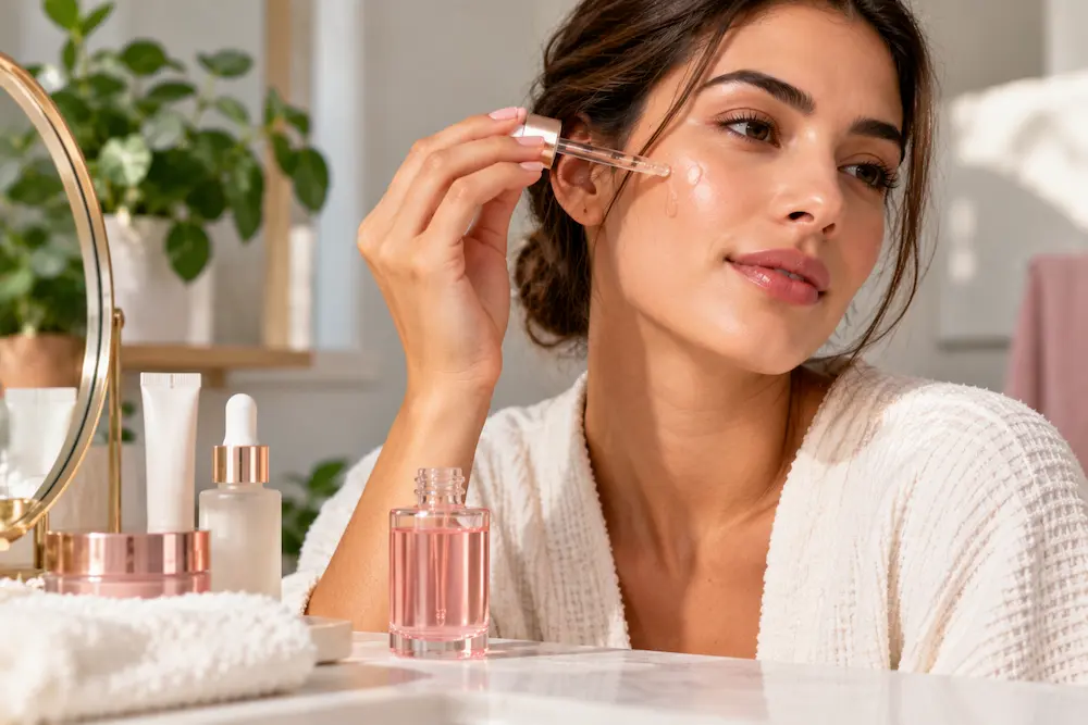 Aplicação de sérum com PDRN no rosto durante rotina de skincare