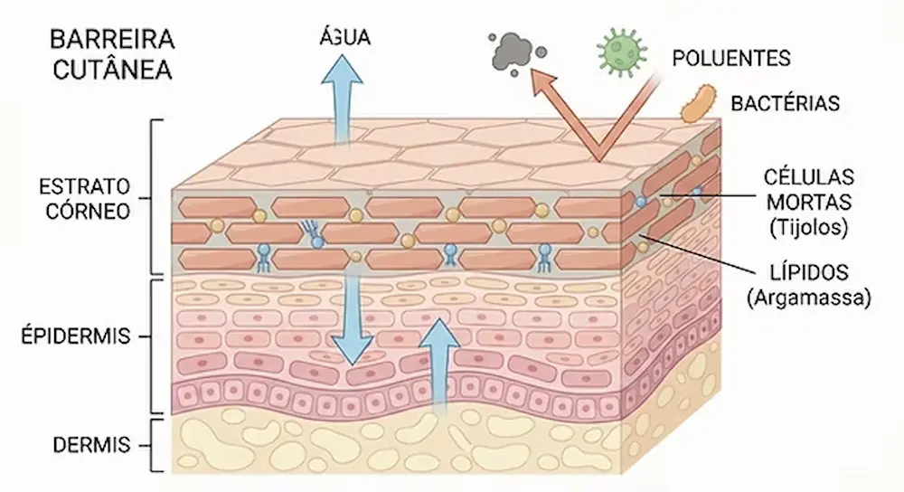 Ilustração mostrando a ação das ceramidas na barreira cutânea da pele