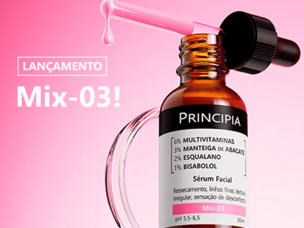 Lançamento Sérum Principia Mix-03: foto promocional oficial em fundo rosa.
