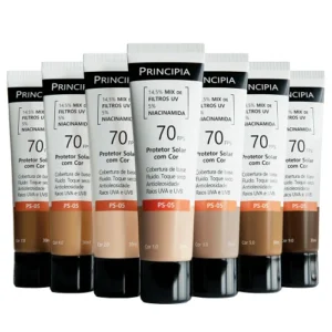 Linha completa de cores do Protetor Solar Principia com cor FPS 70, tons claros a escuros.