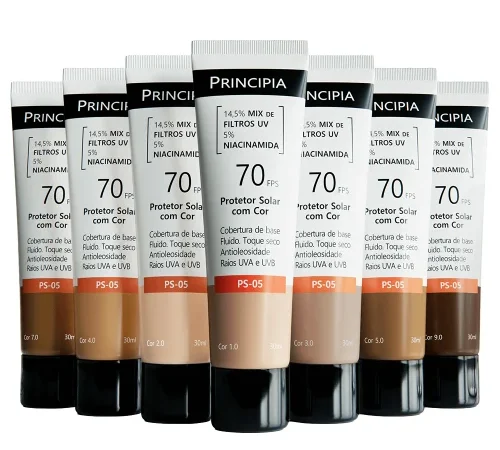 Linha completa de cores do Protetor Solar Principia com cor FPS 70, tons claros a escuros.