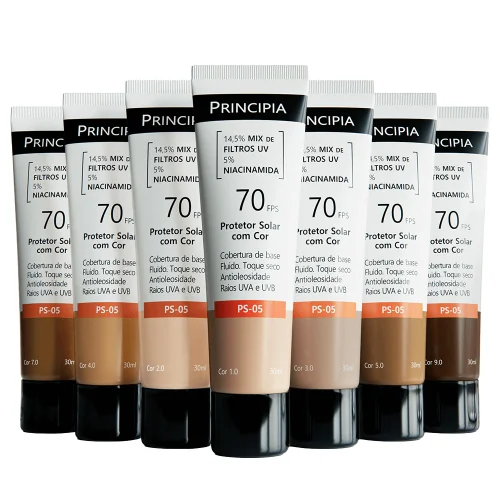 Linha completa de cores do Protetor Solar Principia com cor FPS 70, tons claros a escuros.