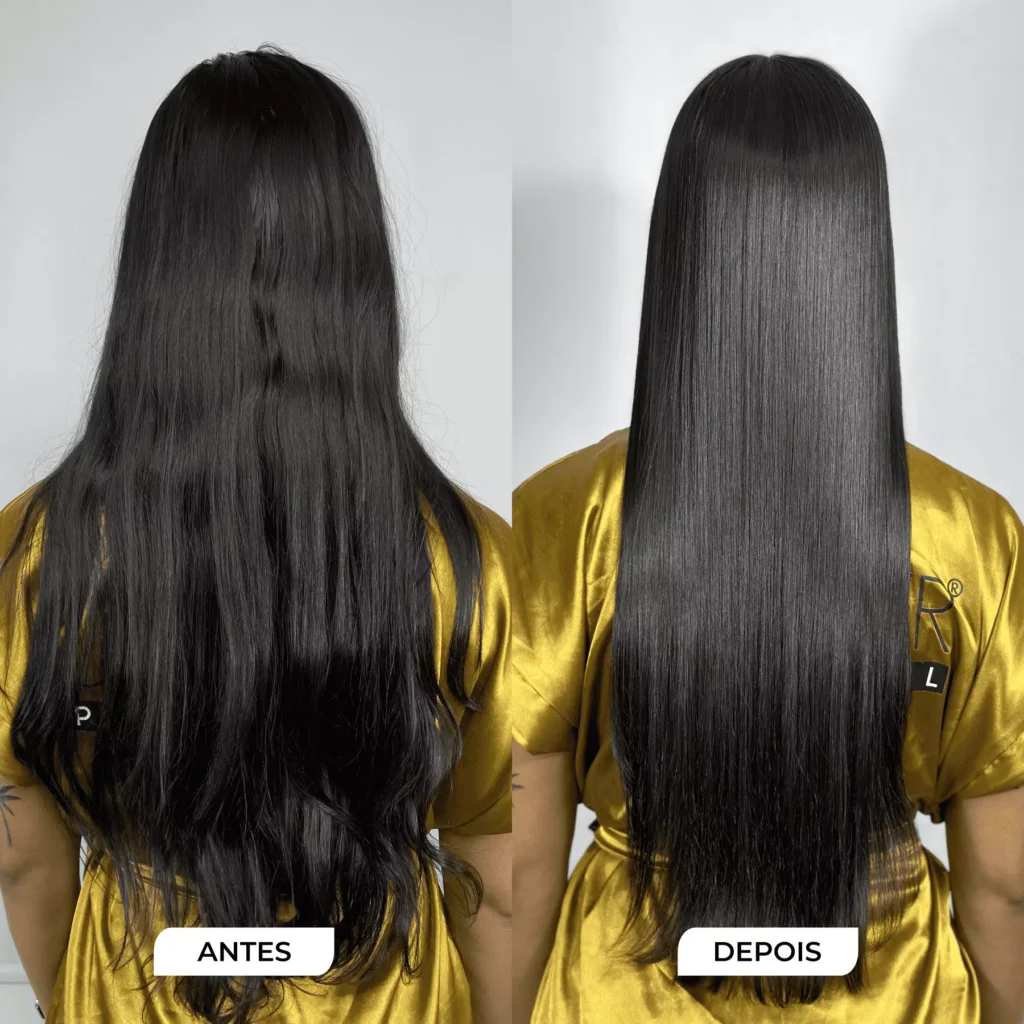 Foto de antes e depois de cabelo preto longo com tratamento de acidificante, demonstrando brilho espelhado intenso e saúde capilar.