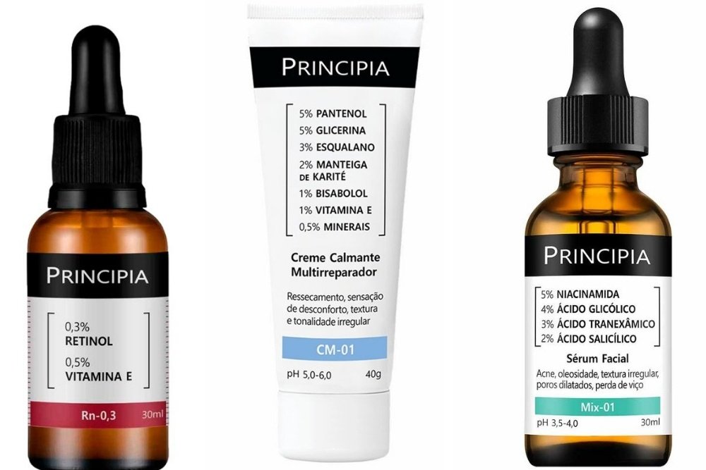 Produtos da Princípia (Retinol, CM-01 e Mix-01) para rotina de Skin Cycling.
