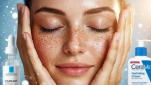 Modelo com pele viçosa e hidratada tocando o rosto em fundo de inverno com flocos de neve, cercada pelos produtos Cicaplast e loção CeraVe.