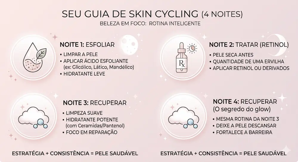Infográfico rosa e branco explicando o ciclo de Skin Cycling em 4 noites: Noite 1 Esfoliar, Noite 2 Tratar com Retinol e Noites 3 e 4 Recuperar com hidratantes.