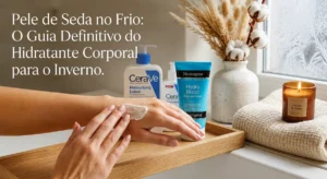 Bancada aconchegante com produtos de cuidados com a pele e uma vela acesa, ilustrando o melhor hidratante corporal para o inverno.
