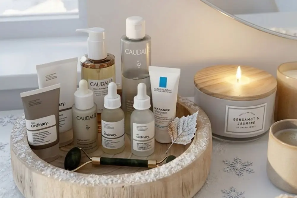 Bandeja de madeira com produtos de skincare das marcas Caudalie e The Ordinary ao lado de uma vela acesa em ambiente com estética aconchegante de inverno.