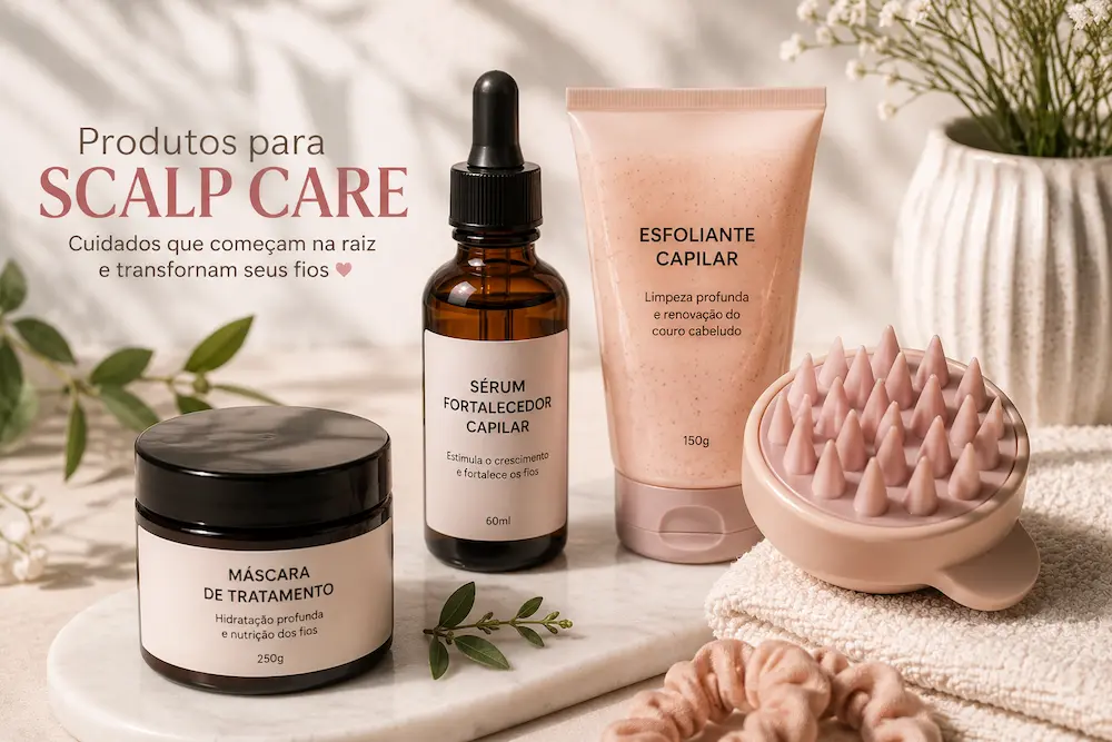 Produtos para scalp care, incluindo sérum capilar, esfoliante e massageador para cuidar do couro cabeludo.