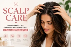 Mulher massageando o couro cabeludo durante a rotina de scalp care para conquistar cabelos mais saudáveis e bonitos.