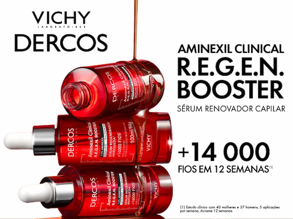 Foto comercial do Sérum Dercos Regenerador Antiqueda destacando a eficácia clínica de mais 14000 fios em 12 semanas.