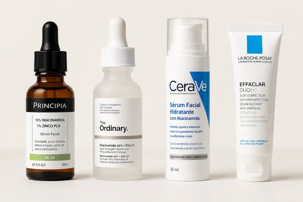 Séruns e hidratantes com niacinamida para incluir na rotina de skincare.