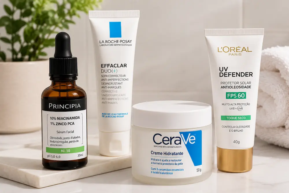 Produtos de skincare com niacinamida, ceramidas e ácido hialurônico sobre uma bancada.