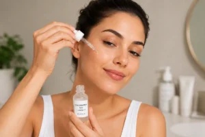 Mulher aplicando sérum de niacinamida no rosto durante a rotina de skincare.