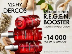 Campanha oficial do Sérum Dercos Regenerador Antiqueda com três frascos de vidro vermelho empilhados e a promessa de mais 14 mil fios.