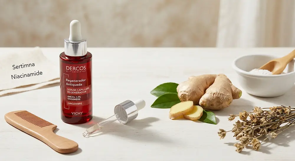 Frasco do Sérum Dercos Regenerador Antiqueda da Vichy posicionado em uma bancada clean ao lado de elementos naturais.