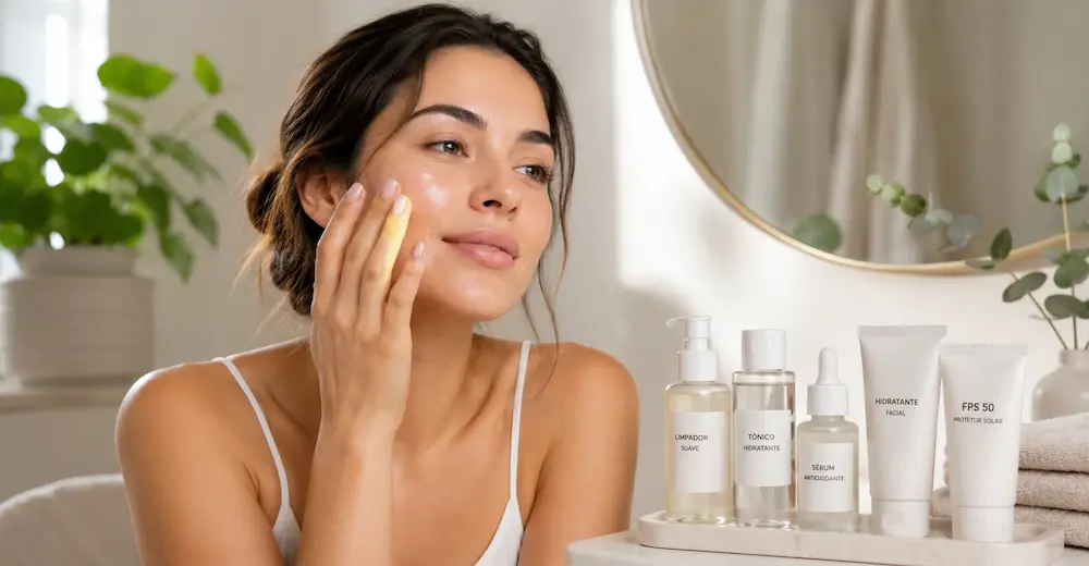 Rotina de skincare com produtos hidratantes para manter a pele saudável