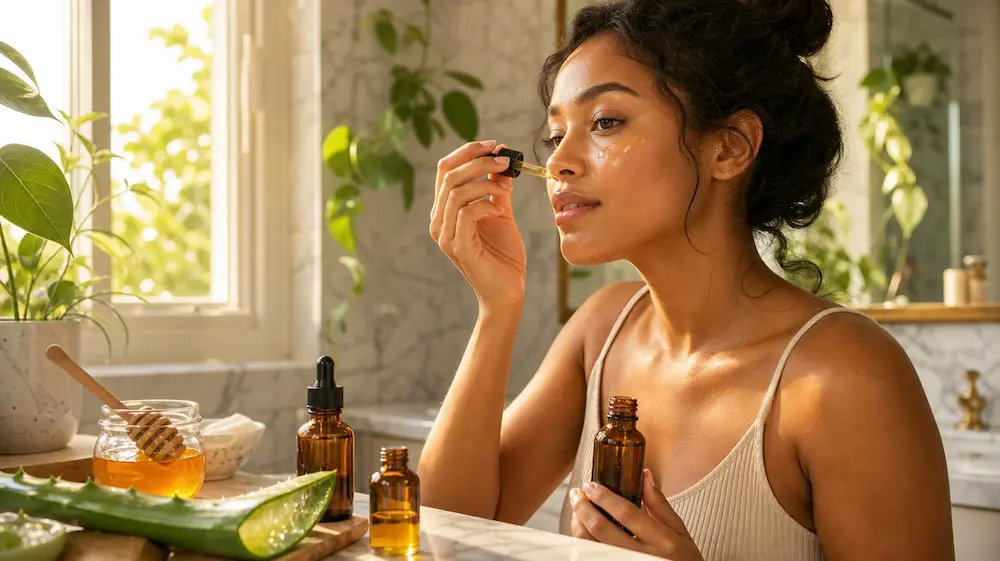 Mulher aplicando ácido hialurônico no rosto durante a rotina de skincare
