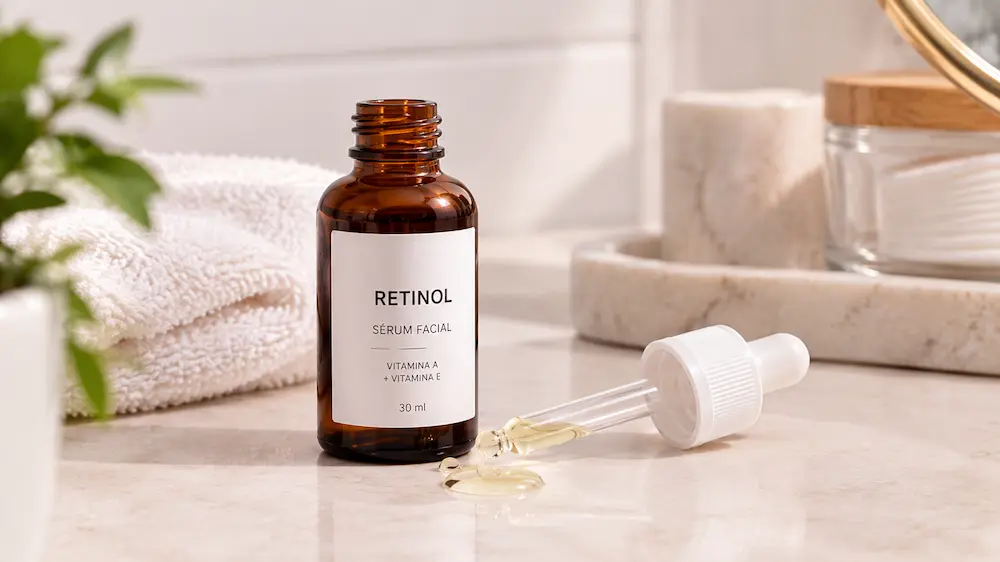 Frasco de retinol usado na rotina de cuidados com a pele