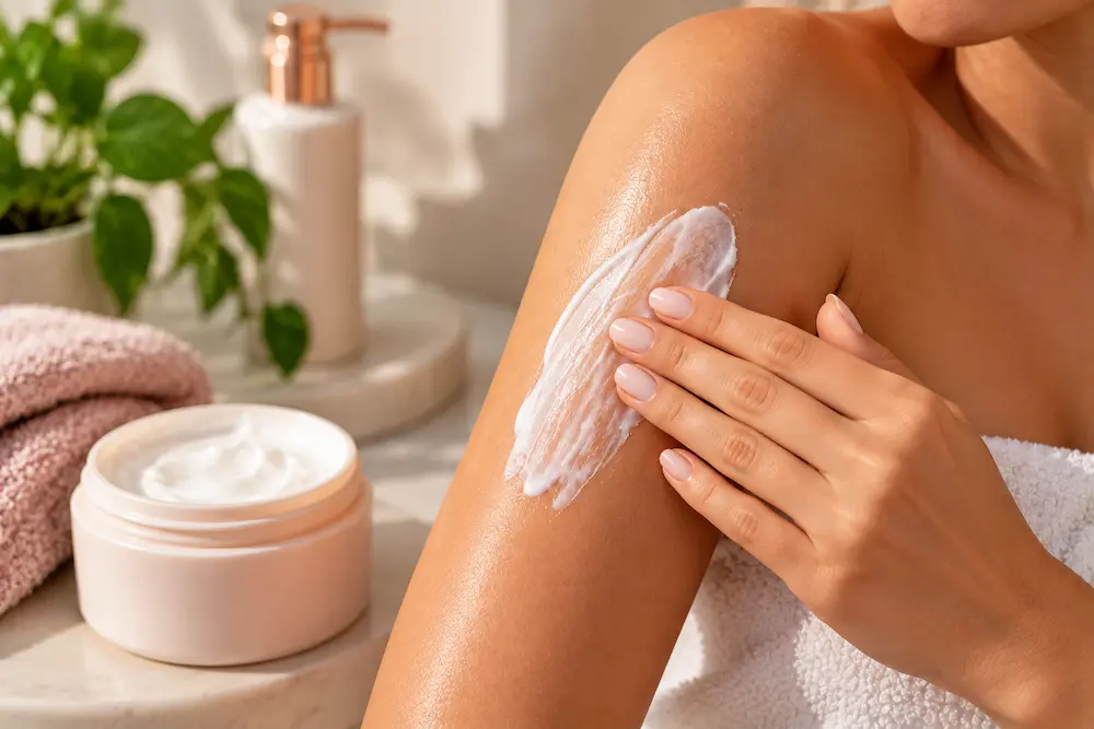 Aplicação de hidratante corporal em rotina de body care