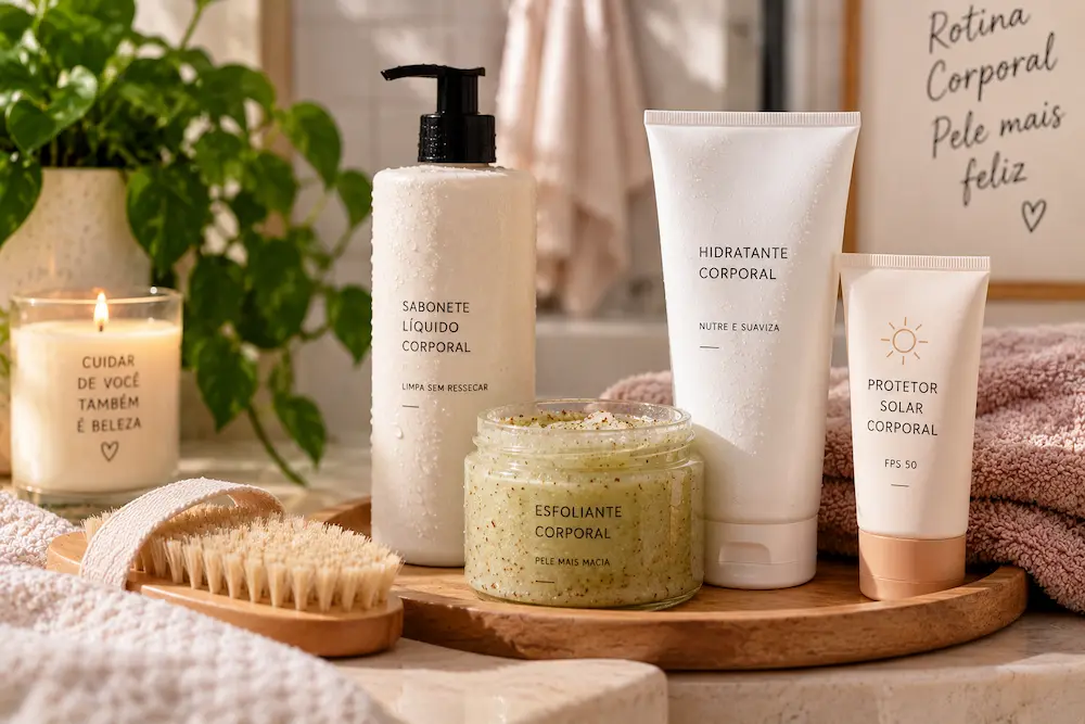 Produtos para rotina de body care com limpeza, esfoliação, hidratação e proteção solar