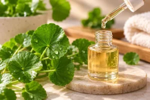 Folhas de centella asiática ao lado de um sérum facial com conta-gotas.