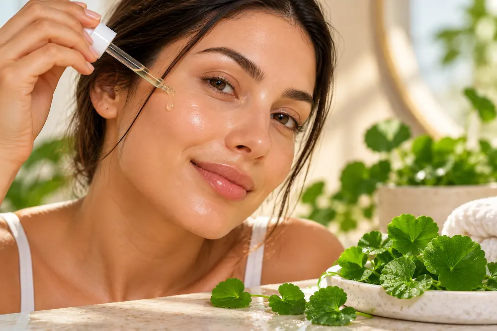 Mulher aplicando sérum facial com conta-gotas durante a rotina de skincare