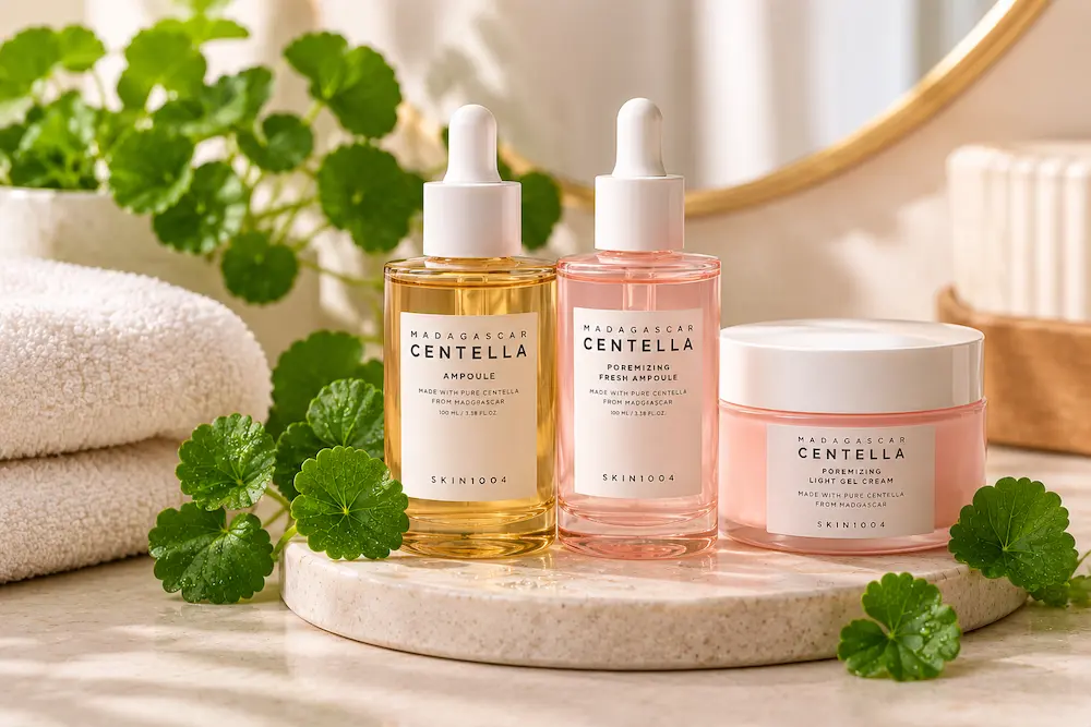 Produtos de skincare com centella asiática em uma composição com ampolas e creme facial
